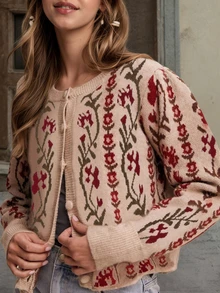 新款简约圆领提花长袖短款秋冬花卉纽扣开衫，酒红色/棕色，优雅日常针织衫 - 彩色 - 查看 2