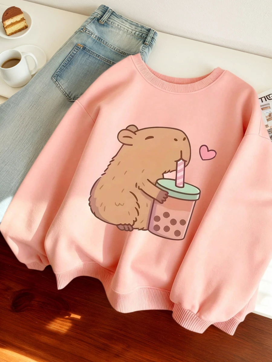 女童印花圆领保暖套头卫衣，适合上学和秋冬季穿着 - 粉色 - 查看 1