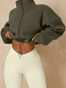 Chaqueta corta de primavera de forro polar para mujer, chaqueta bomber deportiva y casual con dobladillo ajustable con cordón - Verde militar - Ver 3