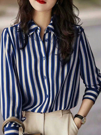女式休闲条纹长袖衬衫，有领和纽扣细节，常规版型，适合春秋季 - 成人女士时尚上衣 | 条纹图案衬衫 | 可爱的纽扣衬衫