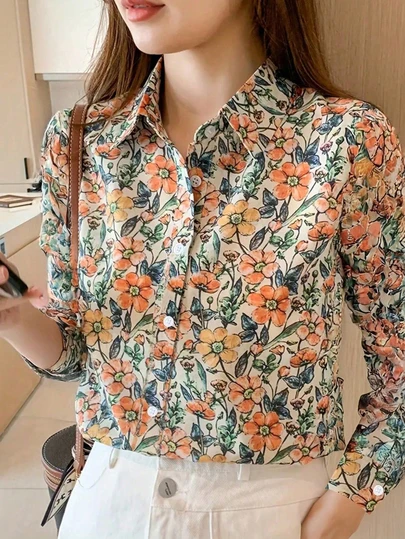 Aurora Silk Women's Printed Long Sleeve Shirt, New Style | Suitable For All Seasons, Fashionable Button Design, Women's Blouse, Great For New Year, Party Spring Vacation