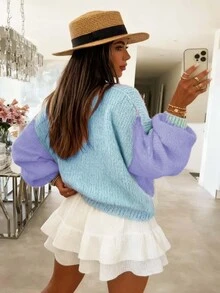 Plus Size Women Color Block Cardigan Sweater, Short Buttoned Contrast Stitching Design Knit Top, Casual Long Sleeve Ribbed Trim Crew Neck Pullover - Lilac Purple - View 2