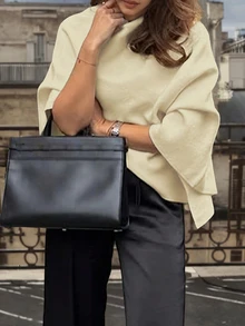Ladies Solid Cowl Neck Knit Poncho, Fall Winter Versatile Outerwear - Apricot - View 3