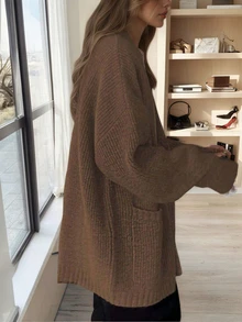 女士时尚针织开衫毛衣，秋冬新品，圣诞新年 - 棕色 - 查看 2