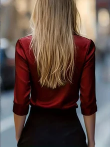 Áo sơ mi nữ công sở thanh lịch, màu trơn, cài khóa kéo, vạt trước, thích hợp cho mùa xuân/hè. - Đỏ - Xem 2