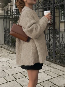 SEREN 秋冬新款灰棕色圆领长袖针织套头衫女上衣 时尚宽松简约大气经典优雅慵懒风适合日常出门通勤毛衣秋季女装 - Volcanic Gray - 查看 1