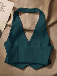 Camiseta de tirantes sin mangas de un solo pecho de unicolor y cuello de halter, versátil y de moda para mujeres - Azul eléctrico - Ver 3