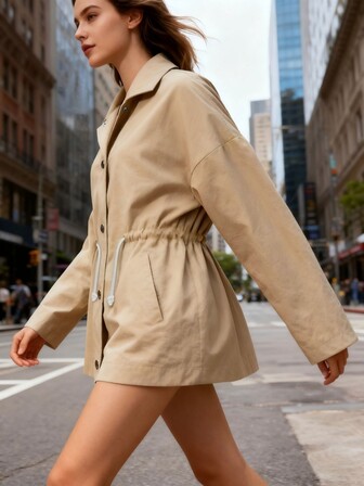 纯色梭织面料抽绳腰部纽扣前开襟风衣外套，适合春秋冬季休闲穿着