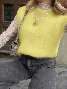 Women Knitted Sleeveless Top,Simple & Fashionable Casual EverydayWear,Christmas New Year - Yellow - View 3
