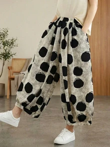 Plus Size Women Polka Dot Print Elastic Waist Pants
