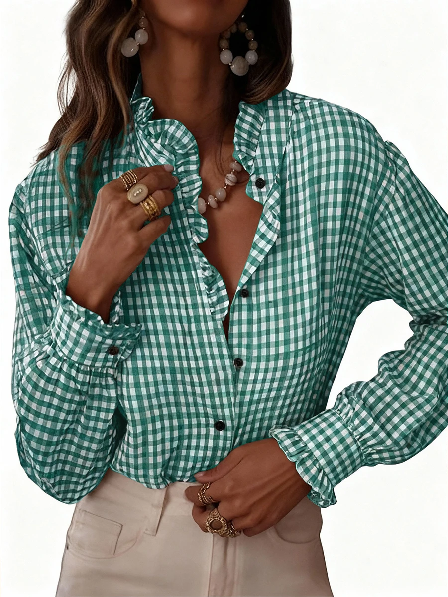 Top Feminina com Detalhe de Babado em Xadrez, Camisa de Manga Longa com Botões e Estampa Xadrez, Top Chique para Escritório e Casa no Outono, Inverno e Primavera - Xadrez verde - Visão 1