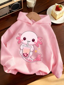 1件装少女保暖连帽卫衣，带内衬，印有蝾螈图案，保暖青少年学生服装，适合儿童秋冬季长袖上衣，Y2K/休闲/时尚/日常/街头/假日/校园/少女/可爱 - 粉色 - 查看 1