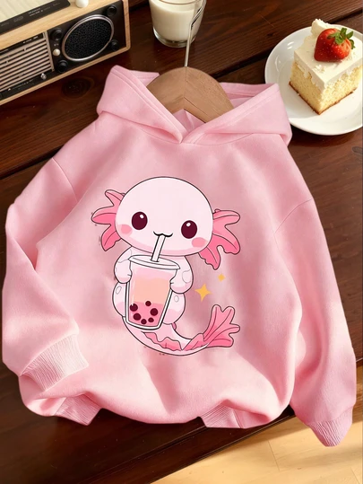 1件装少女保暖连帽卫衣，带内衬，印有蝾螈图案，保暖青少年学生服装，适合儿童秋冬季长袖上衣，Y2K/休闲/时尚/日常/街头/假日/校园/少女/可爱