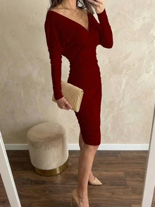 女式褶皱V领中长袖OL连衣裙 - 酒紅色 - 查看 2