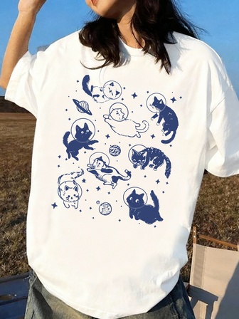 女式夏季太空猫图案印花圆领短袖简约休闲日常大码 T 恤上衣，趣味猫咪 T 恤，唯美图案复古 T 恤，女士上衣，女士夏季服装
