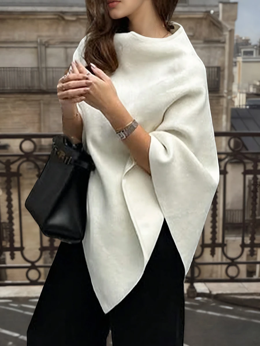 女士街头休闲简约性感圆领不对称披肩镂空针织上衣短袖网眼针织衫沙滩罩衫套装轻薄套头衫耸肩披肩半蝙蝠宽松衬衫秋季女装 - 米色 - 查看 1