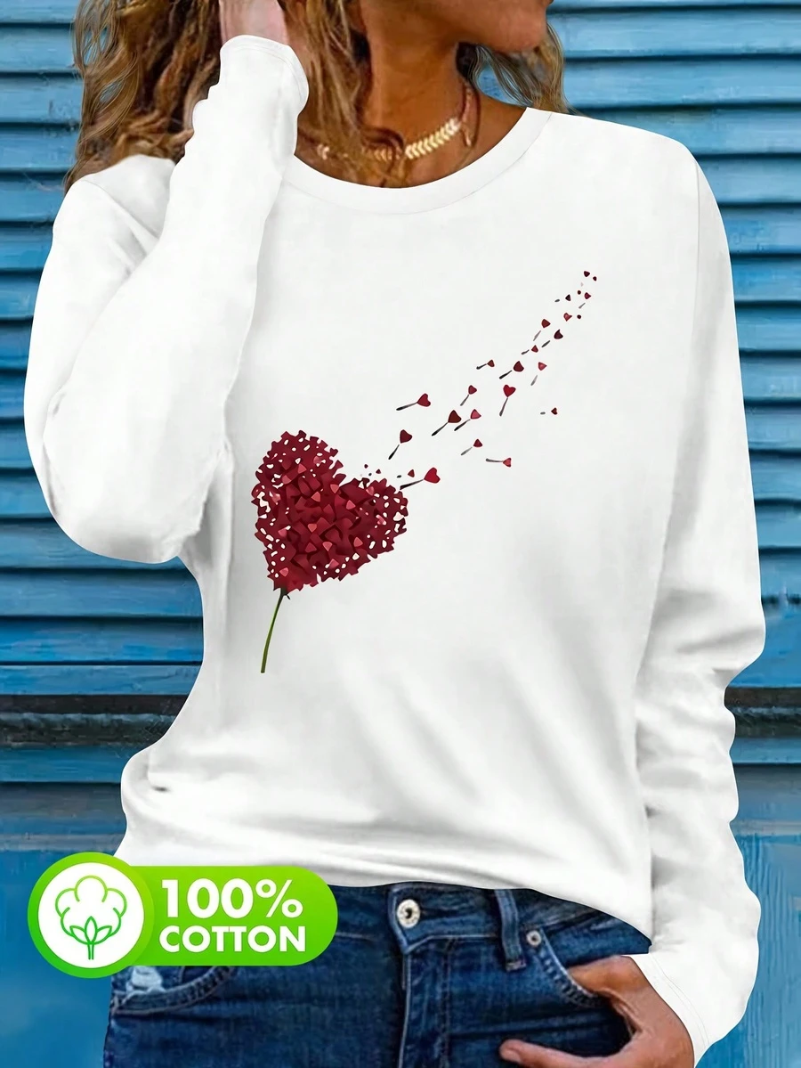 Women's White 100% Cotton Autumn Heart-Shaped Balloon Round Neck Simple Casual Plus Size Top, Women's Top With Red Heart Print, Women's Long-Sleeved T-Shirt With Heart Print That Looks Like It's Floating Away. - White - View 1