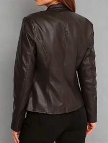Women's Fashionable Casual Solid Color Long Sleeve Motorcycle Style Zipper PU Leather Jacket, Suitable For Spring, Autumn And Winter