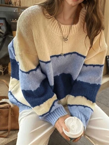 女士休闲舒适条纹套头毛衣，简约百搭，轻松点亮您的穿搭。圣诞节新年必备 - 彩色 - 查看 1