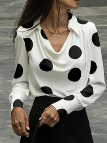 Women's Polka Dot Print Loose Collar Long Sleeve Elegant Blouse - White - View 1