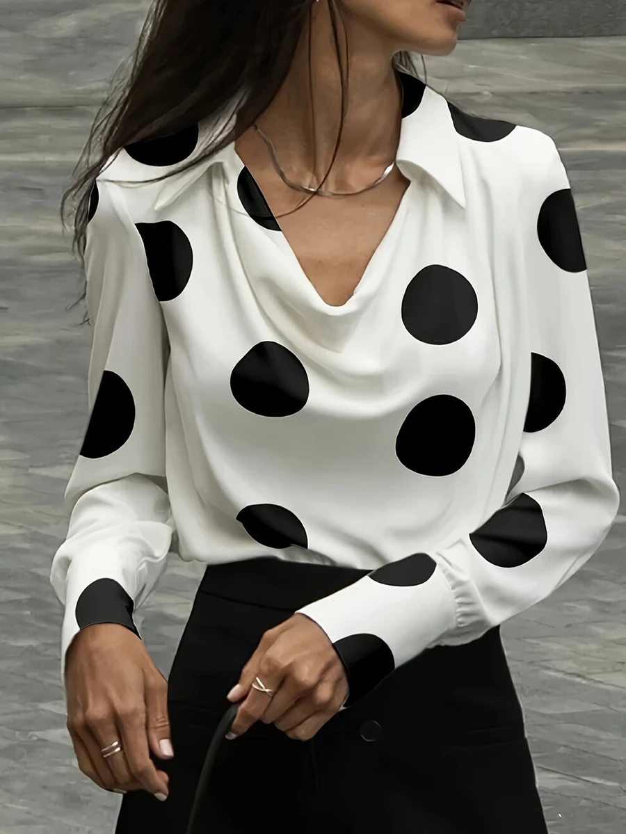 Women's Polka Dot Print Loose Collar Long Sleeve Elegant Blouse - White - View 1