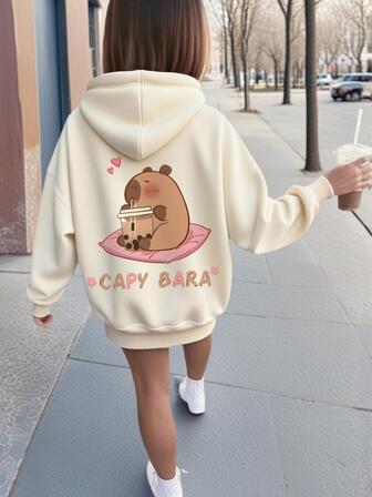 1pc Girls Casual Capybara Print Pullover Hoodie Sweatshirt, Warm Thermal Lined, Cute Pattern, Autumn/Winter Student Youth Clothing