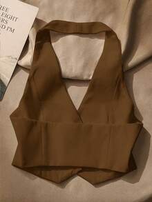 Women's Sexy Front Button Backless Halter Top, Summer Casual - Brown - View 3