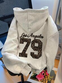 1pc Tween Girl Casual Leopard Print Letter Graphic Pullover Sweatshirt, Thermal Lined, Autumn/Winter