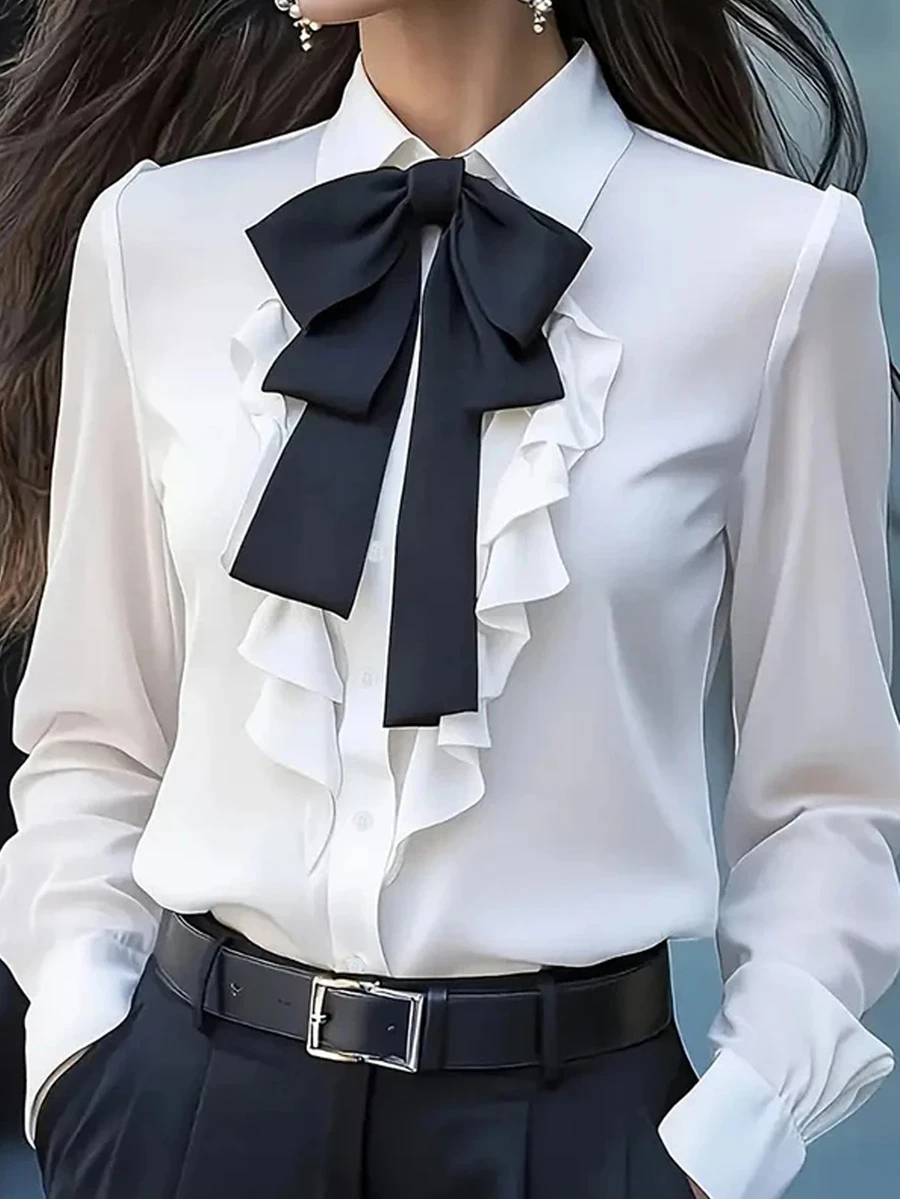 女士荷叶边蝴蝶结撞色优雅职业装长袖衬衫 - 白色 - 查看 1