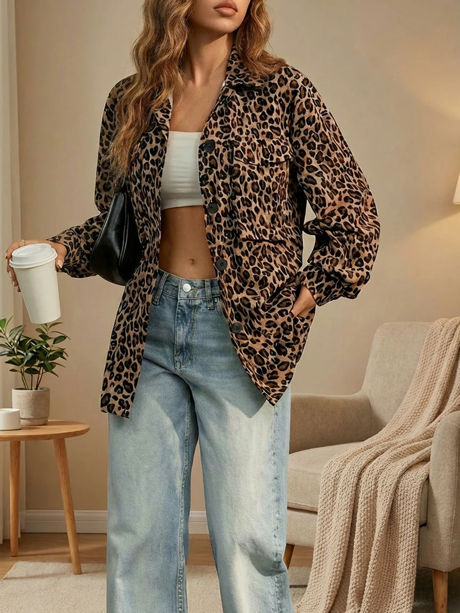 Leopard Print Black Button Accent Lapel Collar Relaxed Long Sleeve Loose Shirt Jacket | Women's Street Style Christmas Casual Top