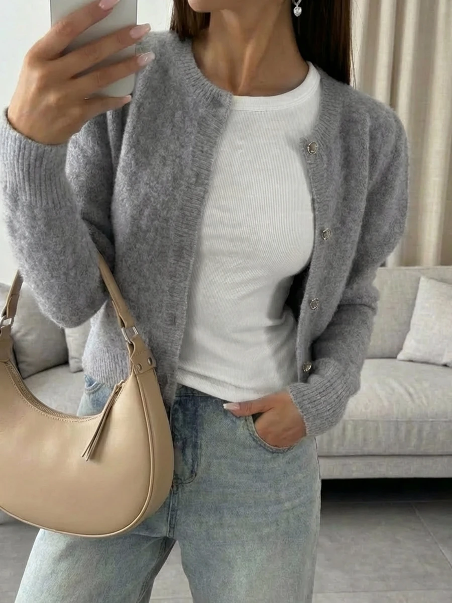 Áo khoác cardigan cổ tròn màu trơn HoloChill dành cho nữ, kiểu dáng thường ngày, đa năng, thích hợp cho mùa hè. - Xám - Xem 1