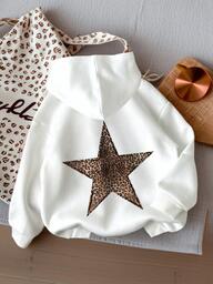 Sudadera con capucha casual estampada para niñas y niños, sudadera con capucha para otoño e invierno, ropa para estudiantes, ropa para niños pequeños, mangas largas con terciopelo añadido y parte superior gruesa, sudadera con capucha con estampado de leopardo y pentagrama, ¡lista para soñadores que persiguen la luz de las estrellas! Sudaderas con capucha, ropa de niña preadolescente, ropa de niños, ropa de niñas con estampado de leopardo y pentagrama