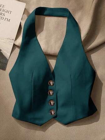 女式纯色单排扣挂脖时尚百搭背心