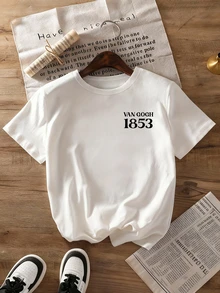 女士休闲T恤，致敬梵高名作《星夜》及1853数字图案，舒适百搭，适合春夏穿着，时尚圆领短袖印花T恤 - 白色 - 查看 3