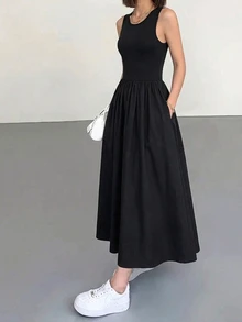 Aurora Silk Women's Solid Color Pocketed Casual Sleeveless Dress, Suitable For Spring, Summer, Autumn, Party Wear - Black - View 1