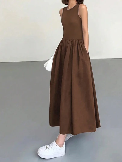 Vestido casual sin mangas con bolsillos de unicolor de seda Aurora, adecuado para primavera, verano, otoño y uso en fiestas