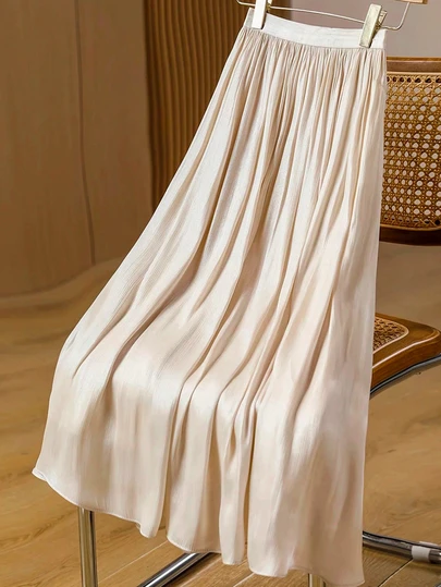 LuminousWealth 女装 - 女士纯色优雅 A 字中长裙，适合休闲或办公穿着，四季皆宜，是新年、节日和派对的理想之选。