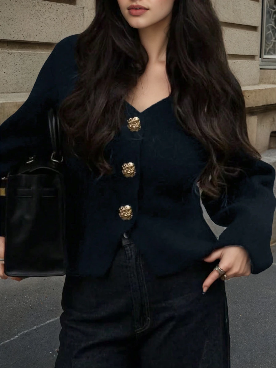 女士休闲修身纯色V领落肩金属纽扣下摆开衩长袖针织开衫宽松外套，春夏秋季