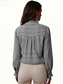 Women's Plaid Ruffle V-Neck Blouse, Button Down Long Sleeve Checkered Shirt, Fashionable And Versatile For Office And Home Wear, Suitable For Autumn, Winter And Spring - Black Plaid - View 3