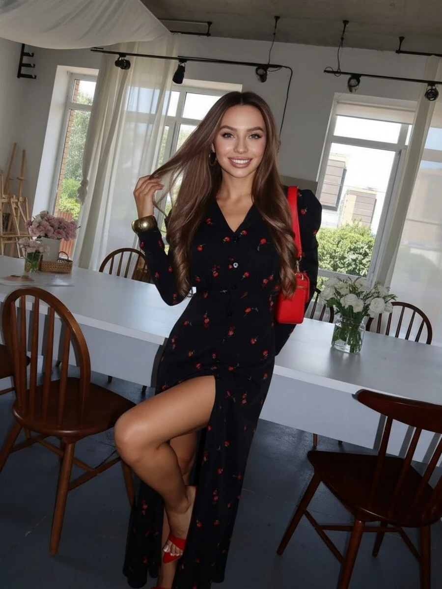 Stylish Women's Maxi Dress Black Floral & Leaf Print V-Neck Long Sleeve A-Line Flared Woven Fabric With Button Accents