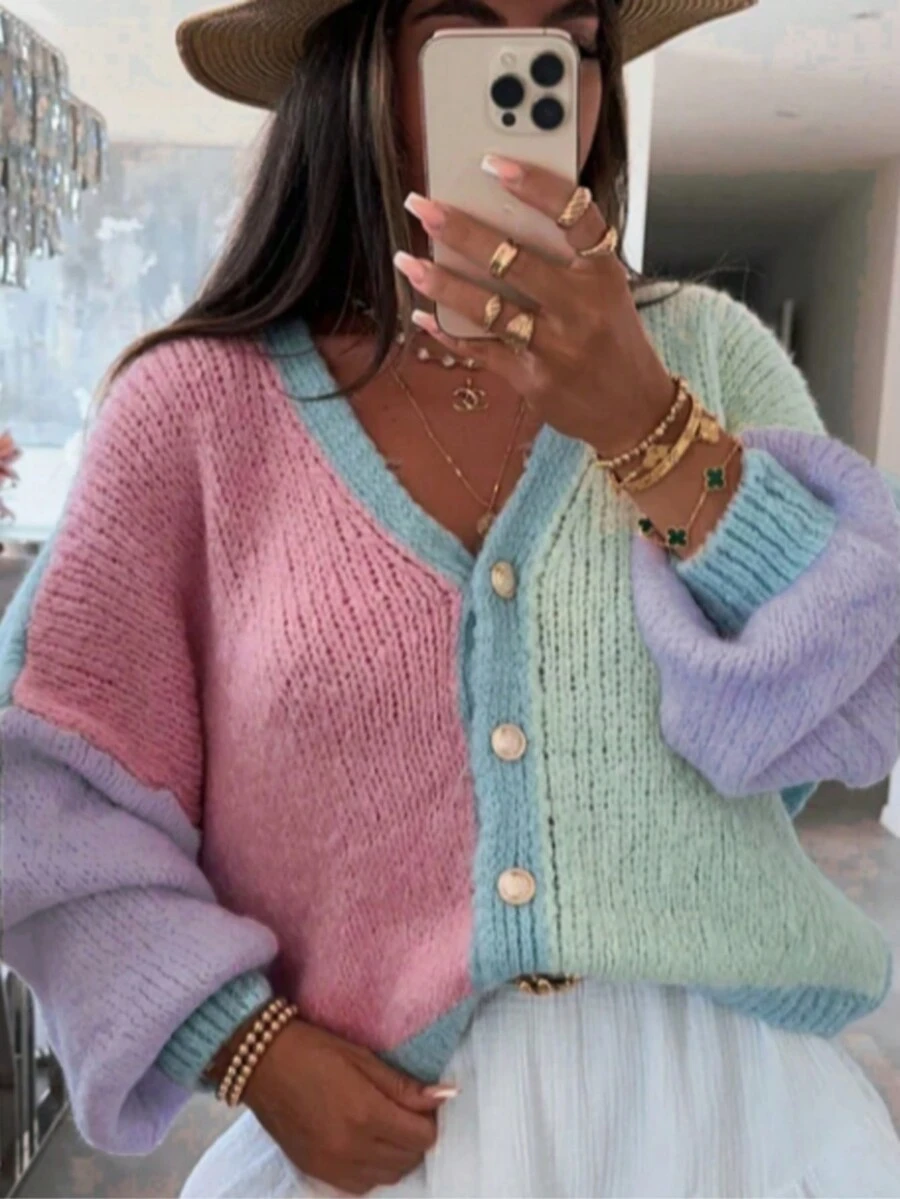 Plus Size Women Color Block Cardigan Sweater, Short Buttoned Contrast Stitching Design Knit Top, Casual Long Sleeve Ribbed Trim Crew Neck Pullover - Lilac Purple - View 1
