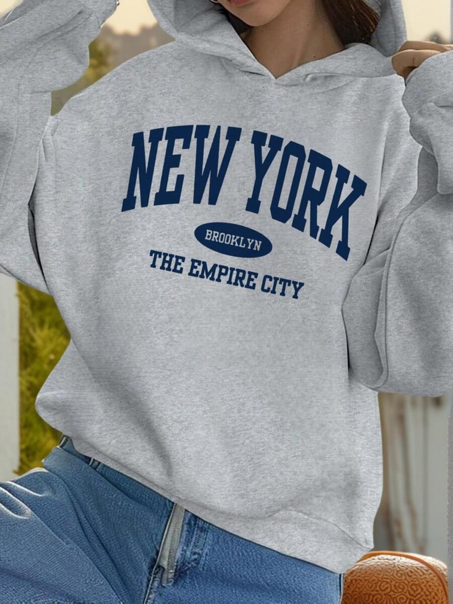 1pc Tween Girl Casual Printed Hoodie Sweatshirt, Pullover, Thick Thermal Lining, Suitable For School, Leisure, Autumn/Winter, Never Out Of Style - Grey - View 1