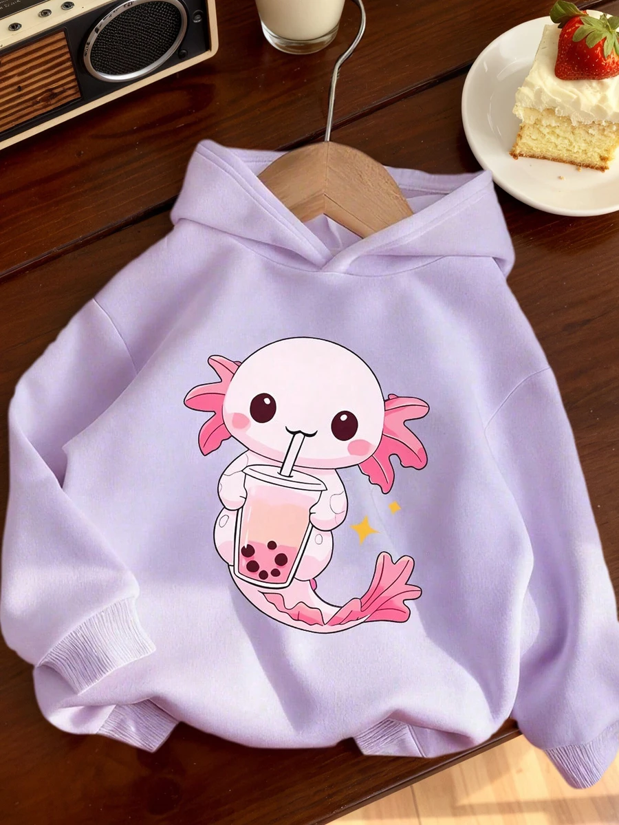 1pc Tween Girl Thermal Lined Hooded Sweatshirt With Axolotl Print, Warm Autumn/Winter Long Sleeve Top For Young Students, Y2K/Casual/Stylish/Daily/Streetwear/Holiday/School/Cute - Purple - View 1
