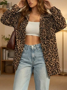 Leopard Print Black Button Accent Lapel Collar Relaxed Long Sleeve Loose Shirt Jacket | Women's Street Style Christmas Casual Top