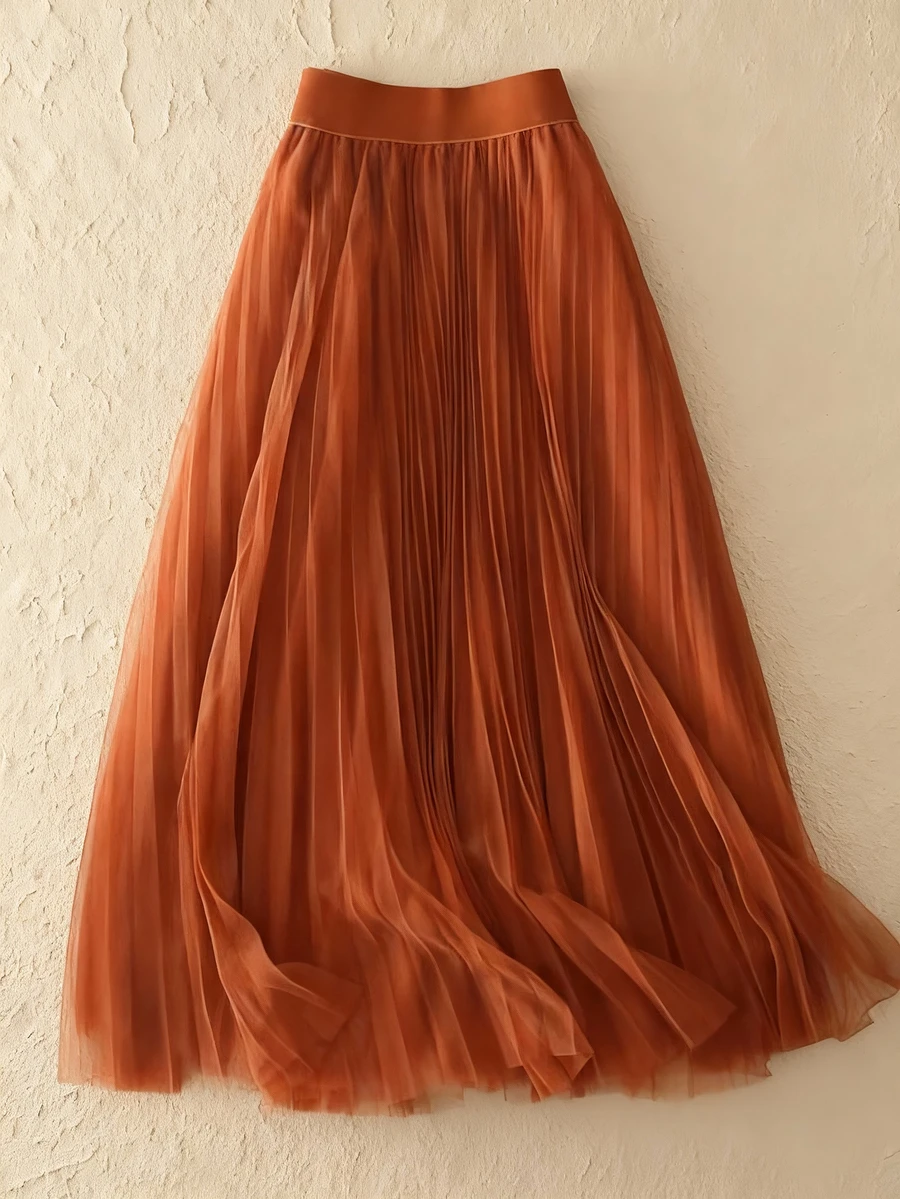 LuminousWealth Women's Elegant Pleated Mesh A-Line Skirt, Suitable For Casual Or Office Wear, Minimalist & Graceful | Polyester Mesh Skirt, Suitable For All Seasons, Great For New Year, Parties - Turmeric - View 1