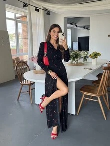 Stylish Women's Maxi Dress Black Floral & Leaf Print V-Neck Long Sleeve A-Line Flared Woven Fabric With Button Accents