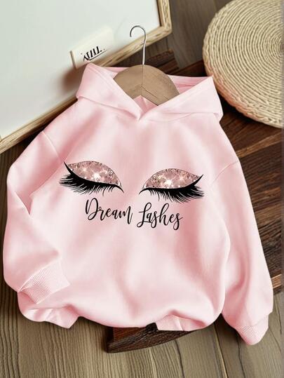 1pc Young Girl Casual Printed Hooded Sweatshirt, Thermal Lined, Long Sleeve, Autumn/Winter, Student Wear - Lovely Eyes With Long Lashes Design, Comfortable Outerwear