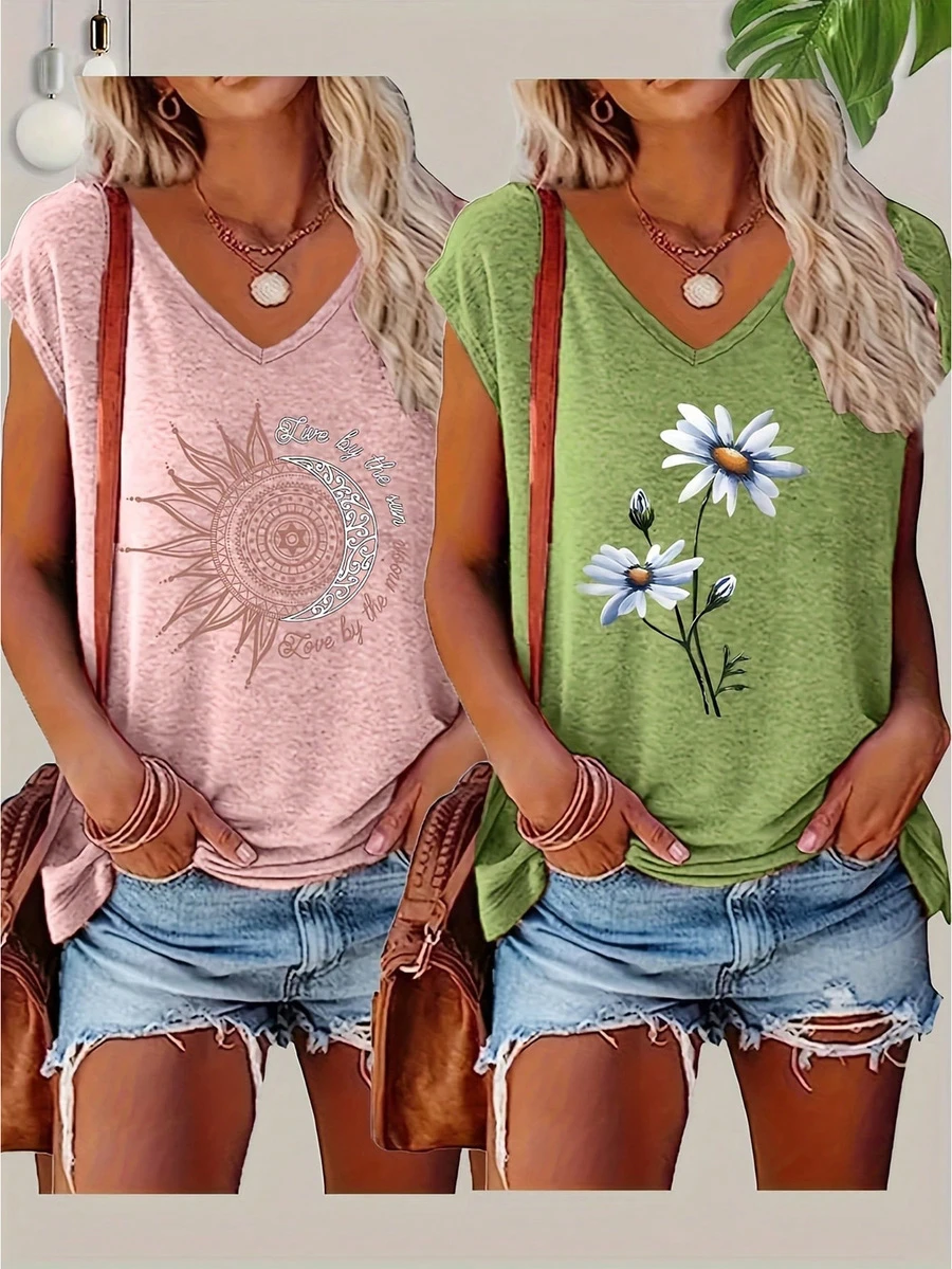 2pcs Solid V-Neck T-Shirts, Casual Short Sleeve T-Shirts For Women, Spring/Summer Vacation
