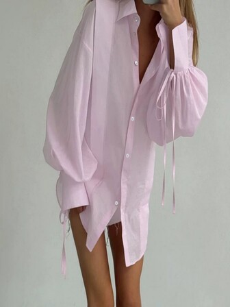 Stylish Open Front Sheer Collared Lantern Sleeve Blouse, Chic Design Lightweight Woven Fabric Shirt For Daily, Date Night, Party, Brunch, Airport Outfit, All Seasons Spring Summer Autumn Winter