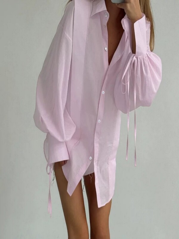 时尚开襟薄纱灯笼袖衬衫，轻盈梭织面料，设计别致，适合日常穿着、约会、派对、早午餐、机场等各种场合，春夏秋冬四季皆宜。